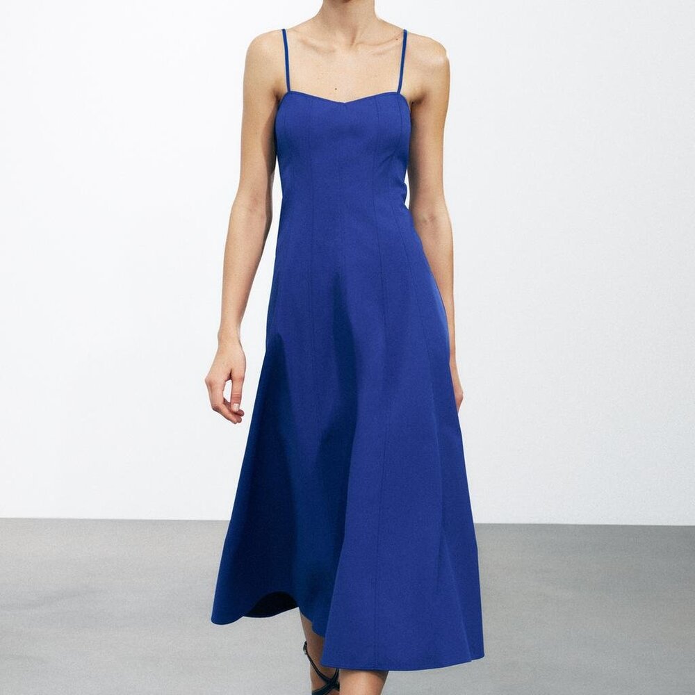 ZARA ZW Collection Poplin Midi Dress Blue XL Organic Cotton V‑Neck Spaghetti
